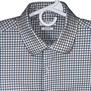 Haggar Mens Slim Fit Long Sleeve Blue White Plaid Dress Shirt Size 15-15.5 32/33